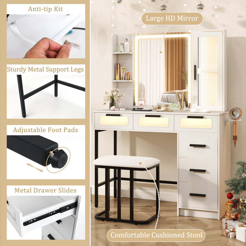 Makeup Vanity Desk with LED Mirror and 6 Drawers – White