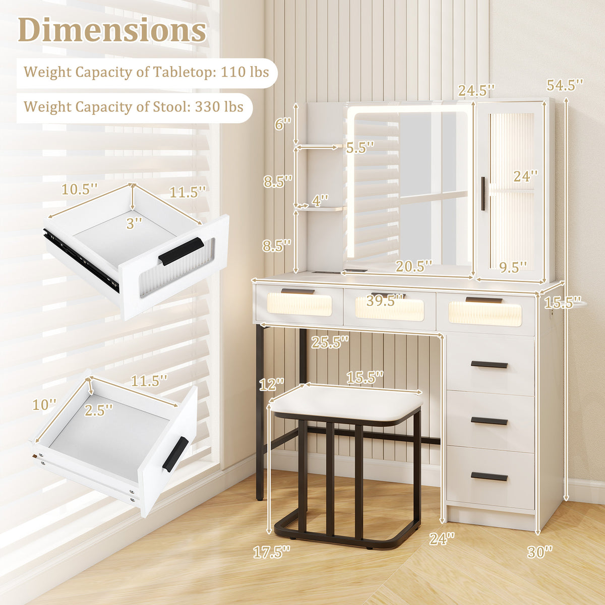 Makeup Vanity Desk with LED Mirror and 6 Drawers – White