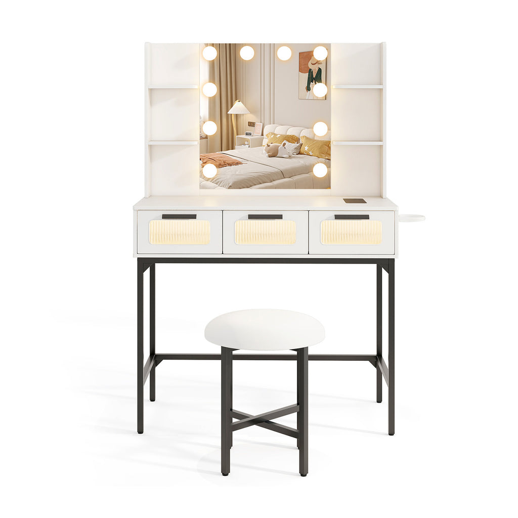 Makeup Vanity Desk with Hollywood Mirror and Lights, White