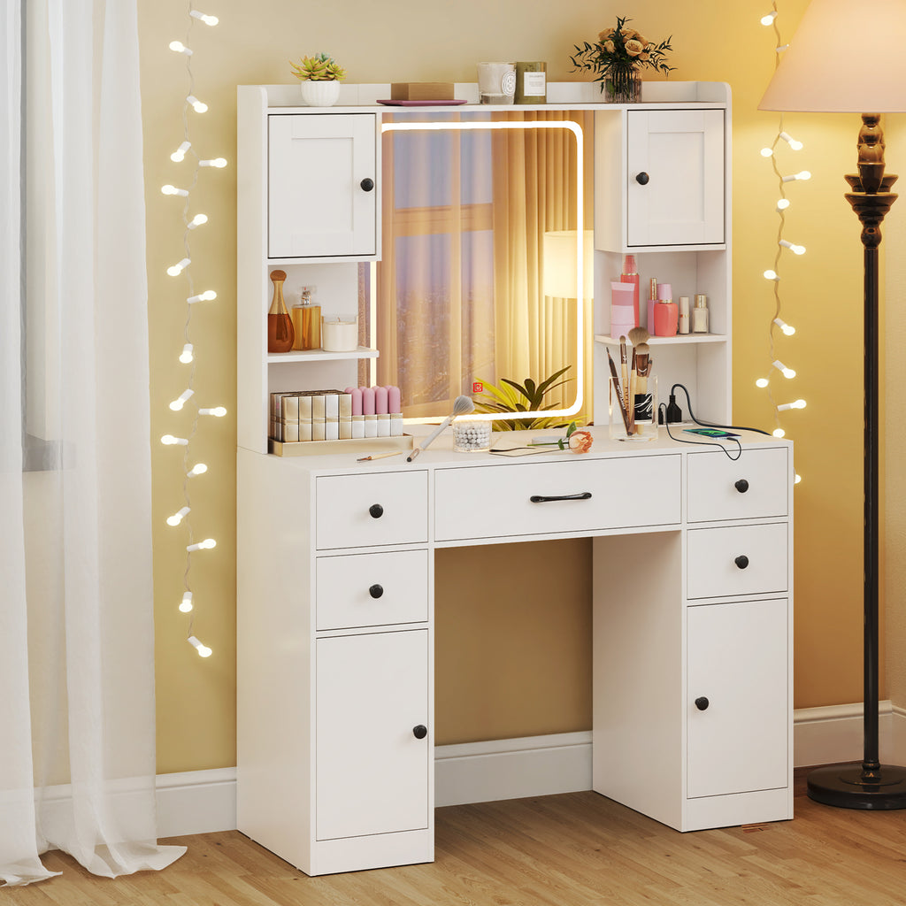 Makeup Vanity Desk with Lighted Mirror and Charging Station - White