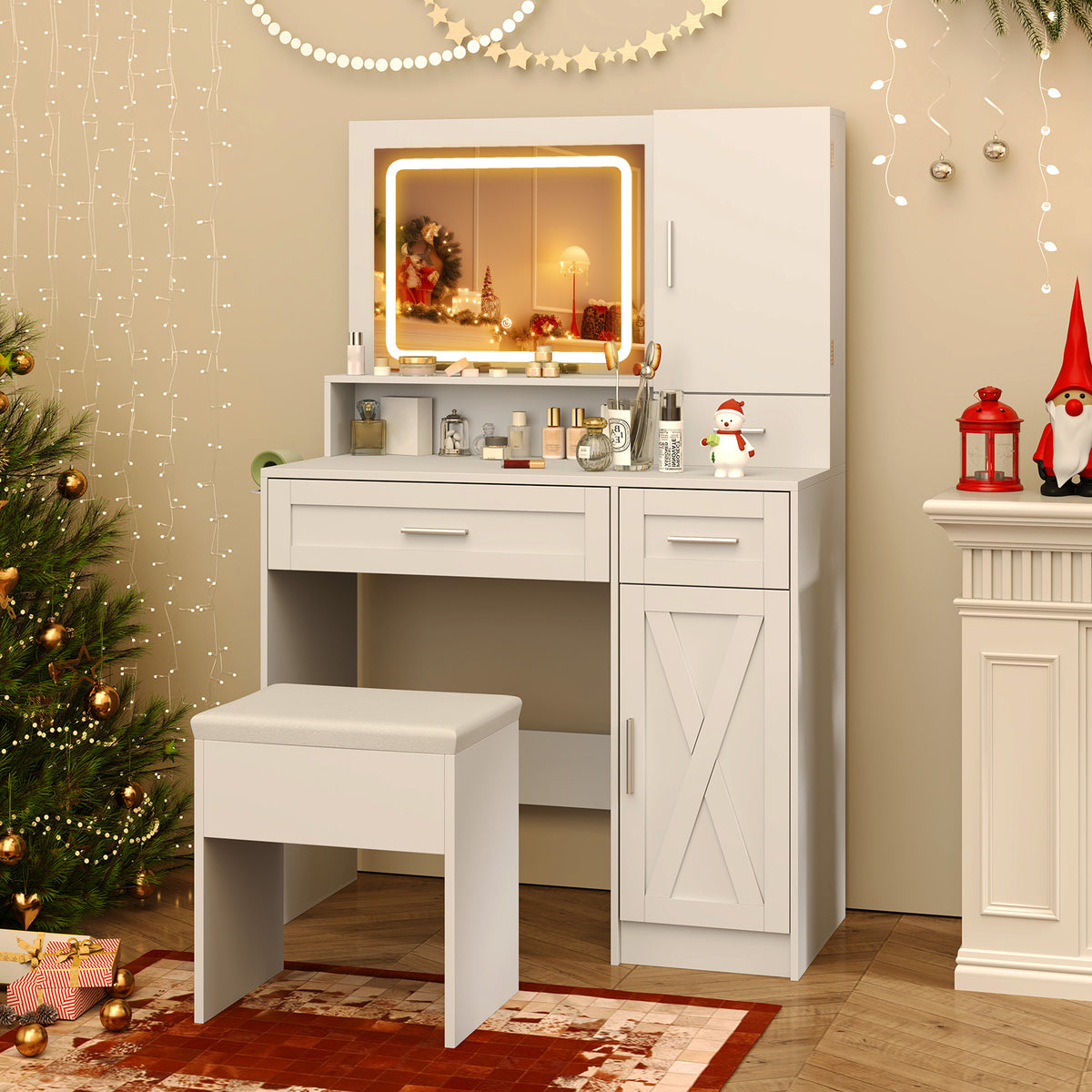 Makeup Vanity Desk with Mirror and LED Lights - White