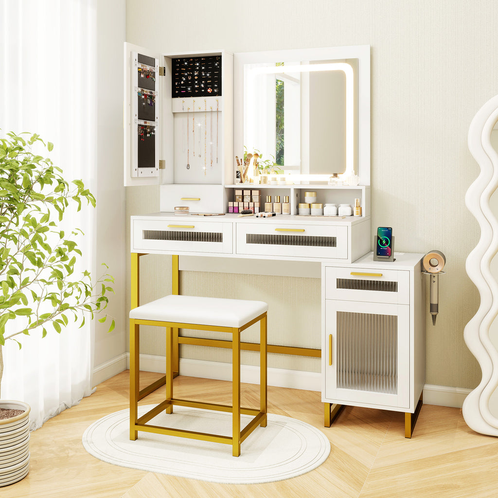 Makeup Vanity Desk with Mirror and LED Lights - White
