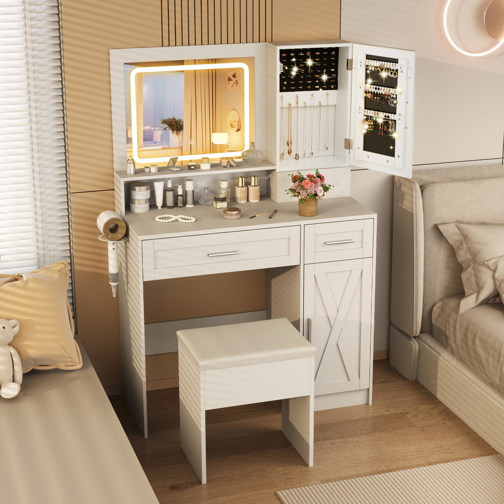 Makeup Vanity Desk with Mirror and LED Lights - White