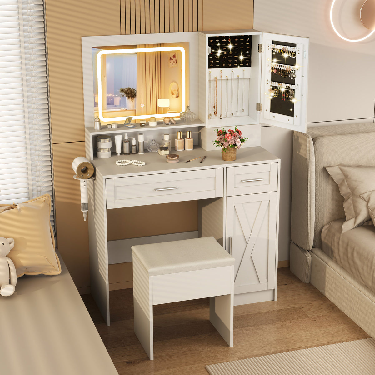 Makeup Vanity Desk with Mirror and LED Lights - White