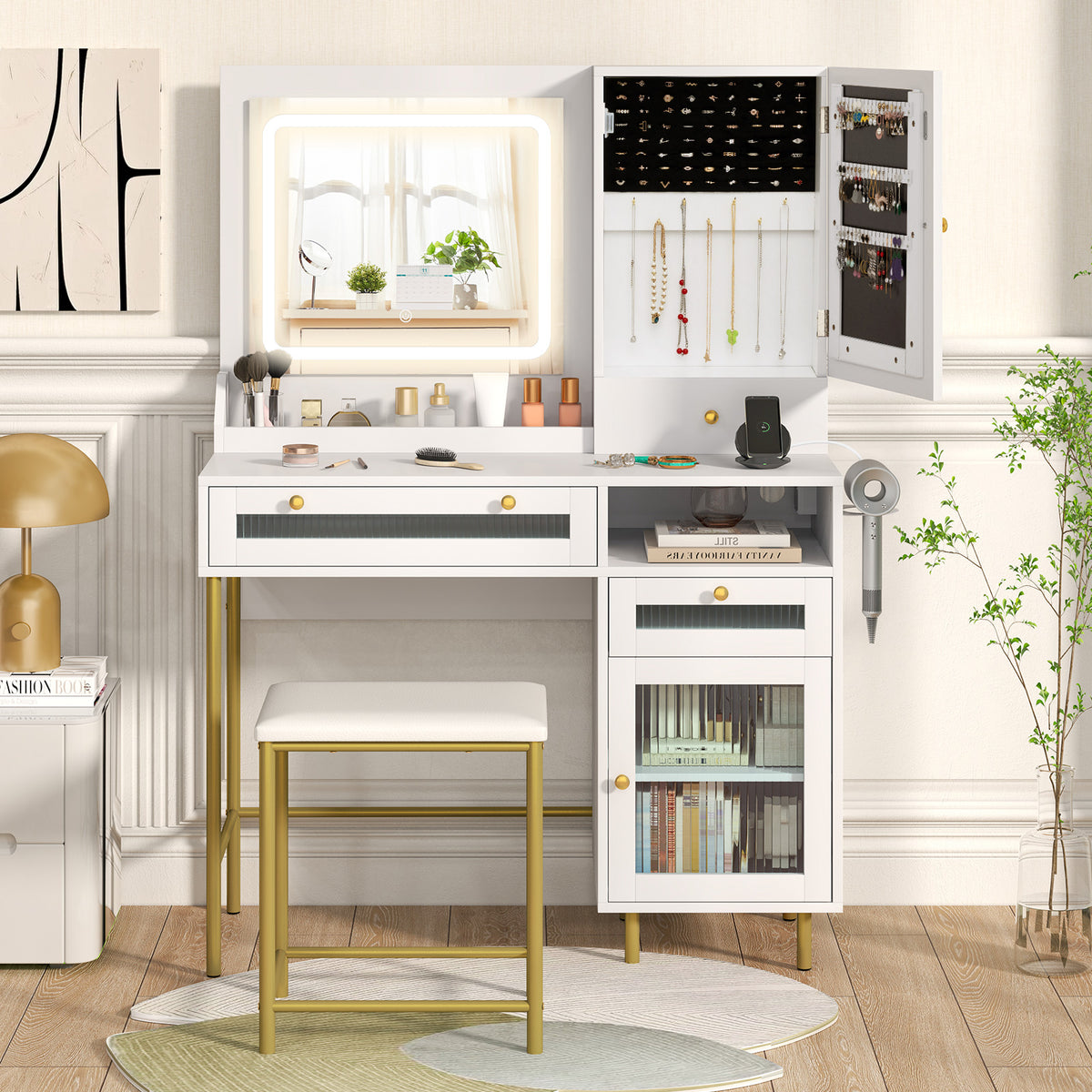 Makeup Vanity Desk with Mirror and LED Lights - White