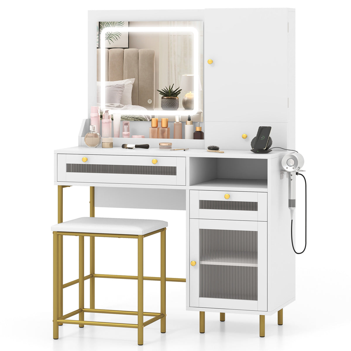 Makeup Vanity Desk with Mirror and LED Lights - White