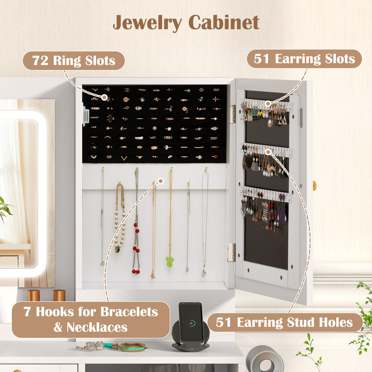 Makeup Vanity Desk with Mirror and LED Lights - White+Golden