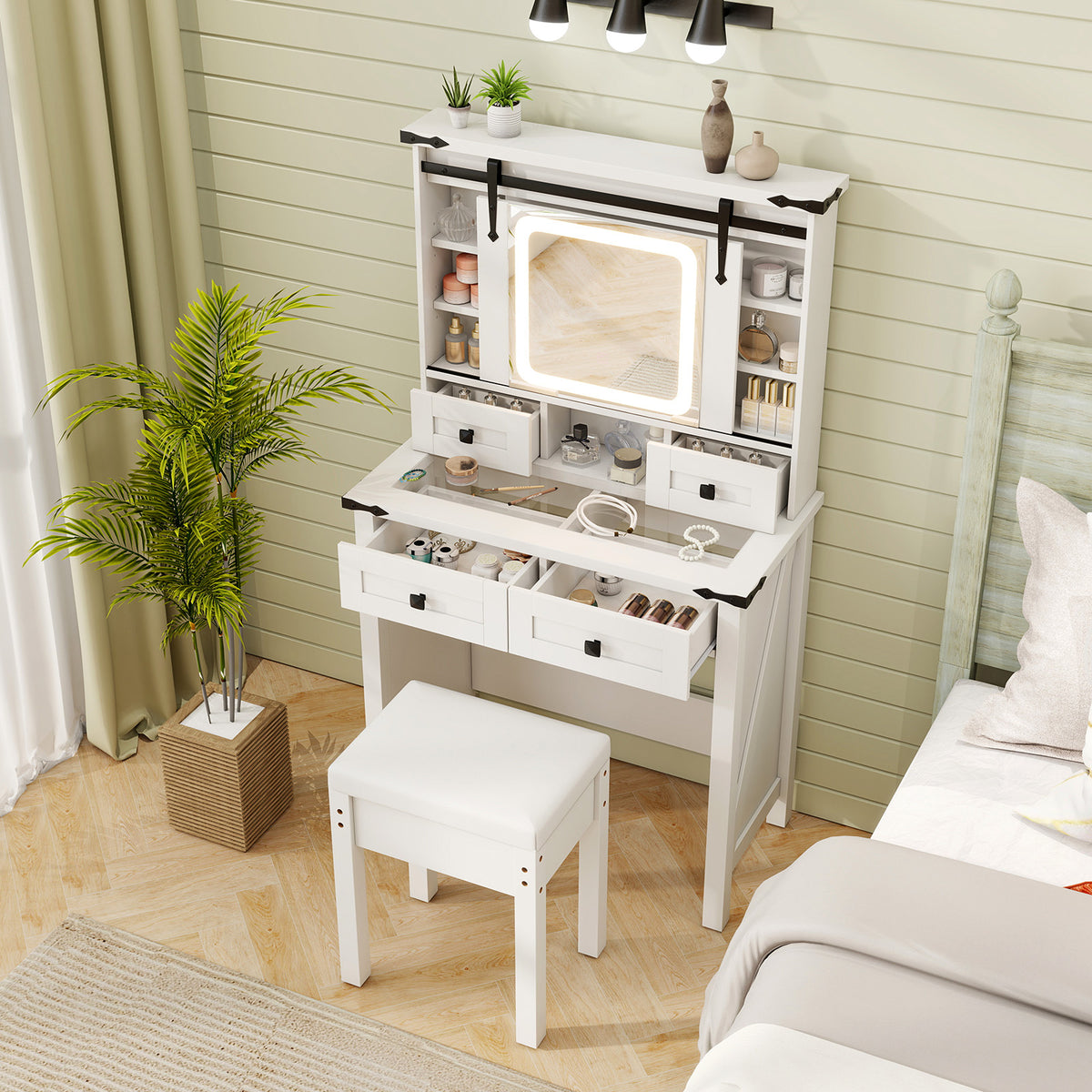 Makeup Vanity Desk with LED Mirror & Drawers - 31" x 16" x 54.5", White