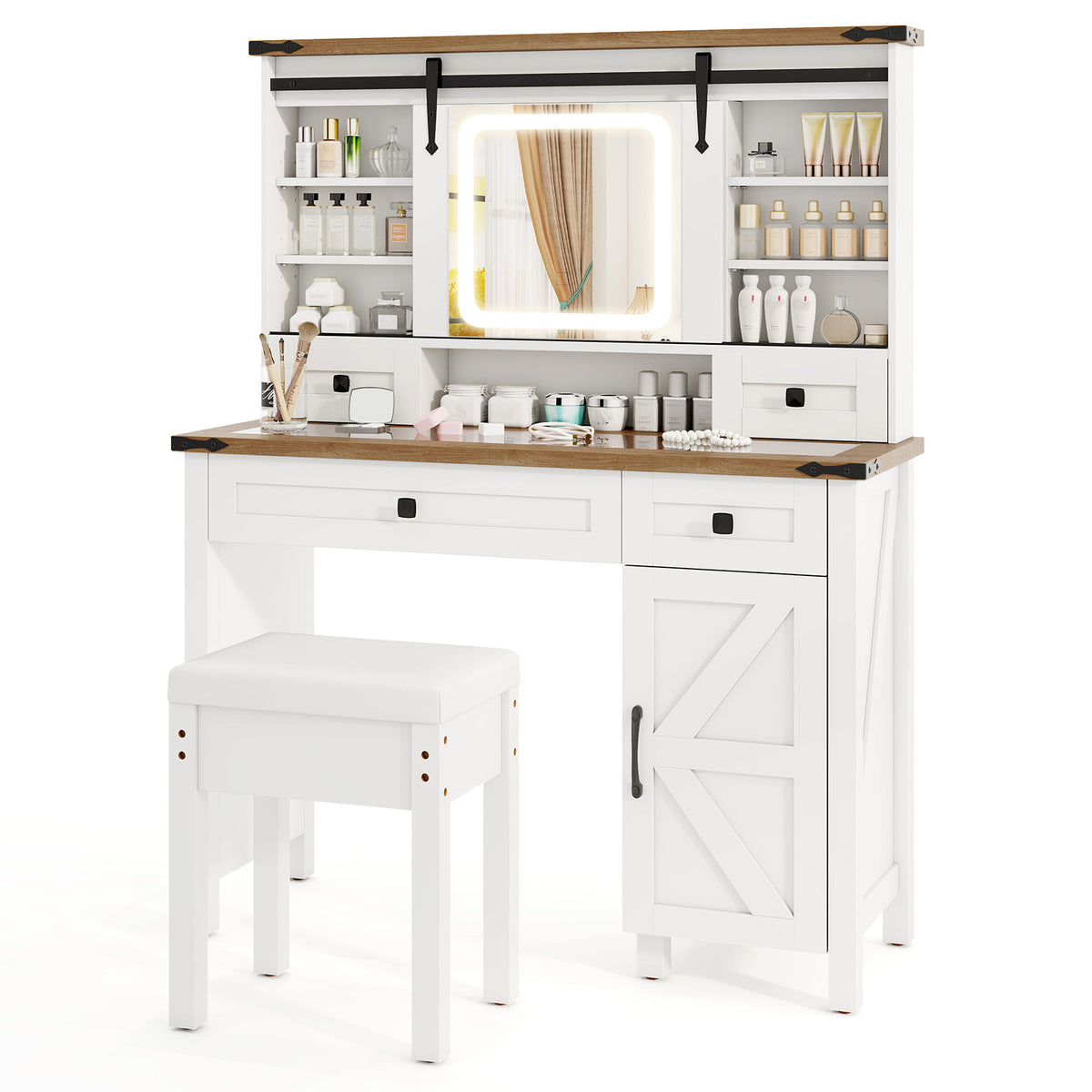 Makeup Vanity Desk with LED Lighted Mirror & Stool - 42" White