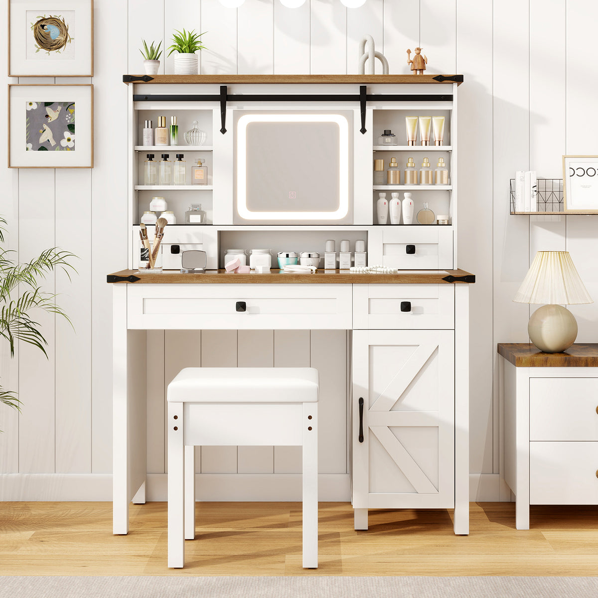 Makeup Vanity Desk with LED Lighted Mirror & Stool - 42" White