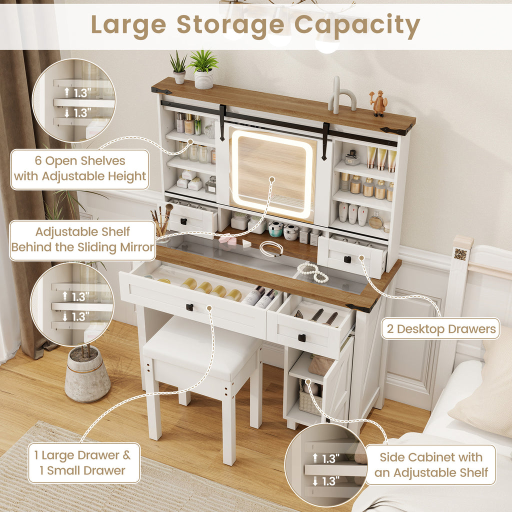 Makeup Vanity Desk with LED Lighted Mirror & Stool - 42" White