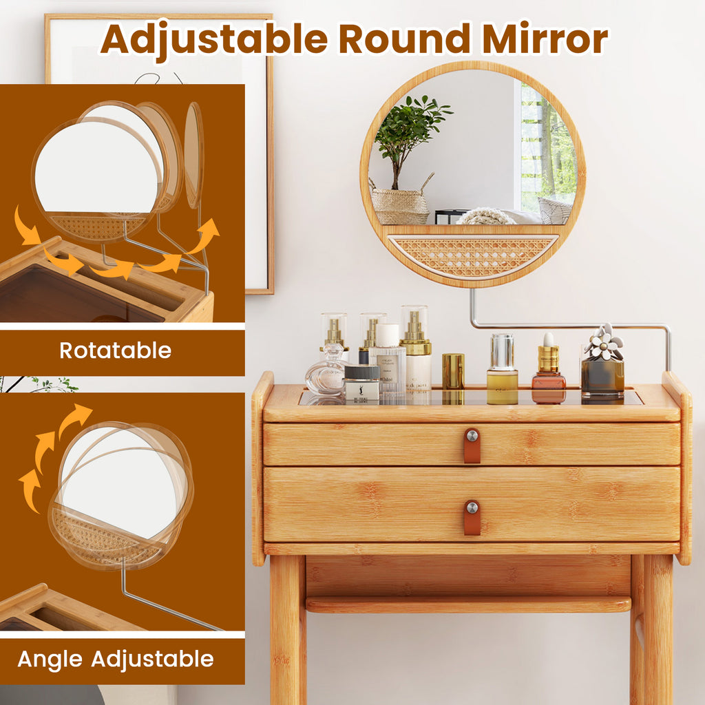 Bamboo Makeup Vanity Table with Mirror & 2 Drawers - Natural