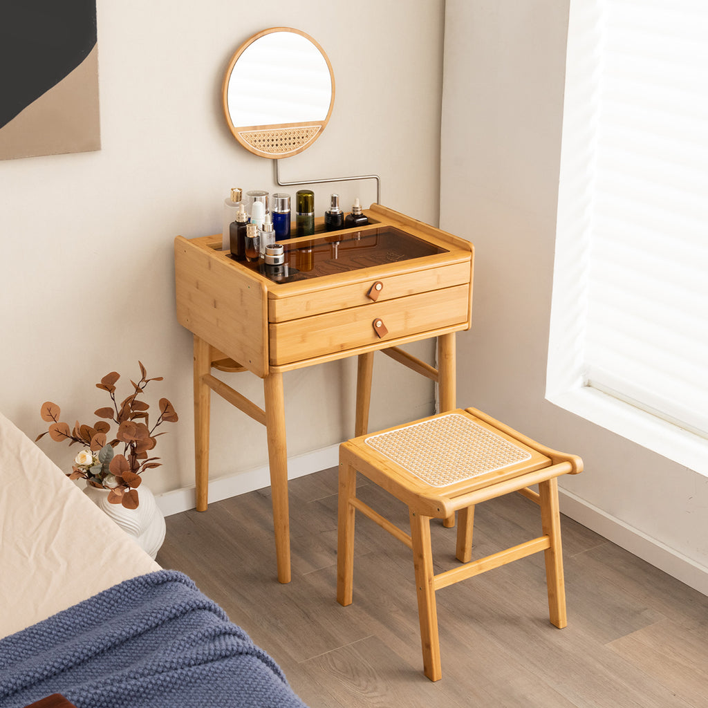 Bamboo Makeup Vanity Table with Mirror & Drawers - Natural