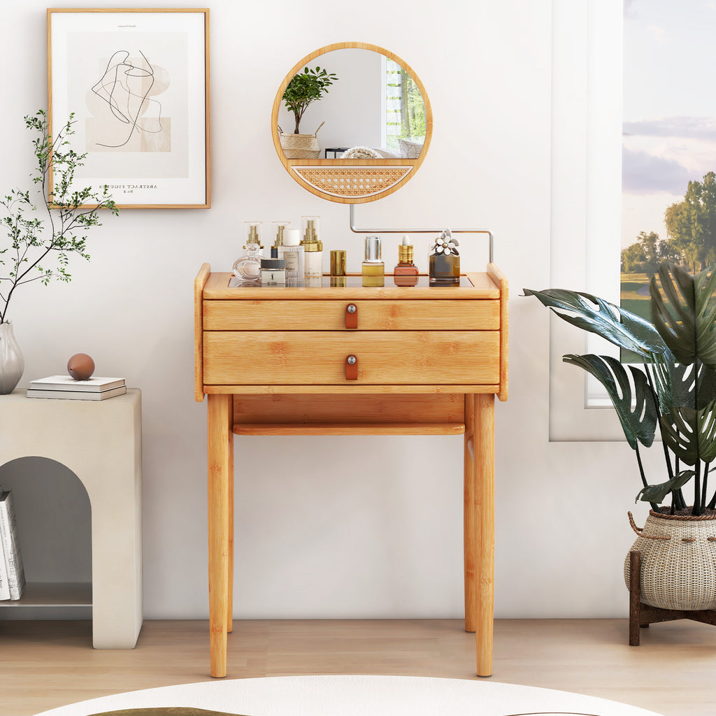 Bamboo Makeup Vanity Table with Mirror & Drawers - Natural