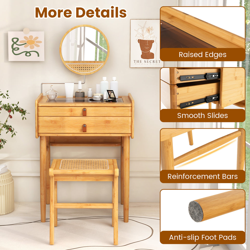 Bamboo Makeup Vanity Table with Mirror & Drawers - Natural