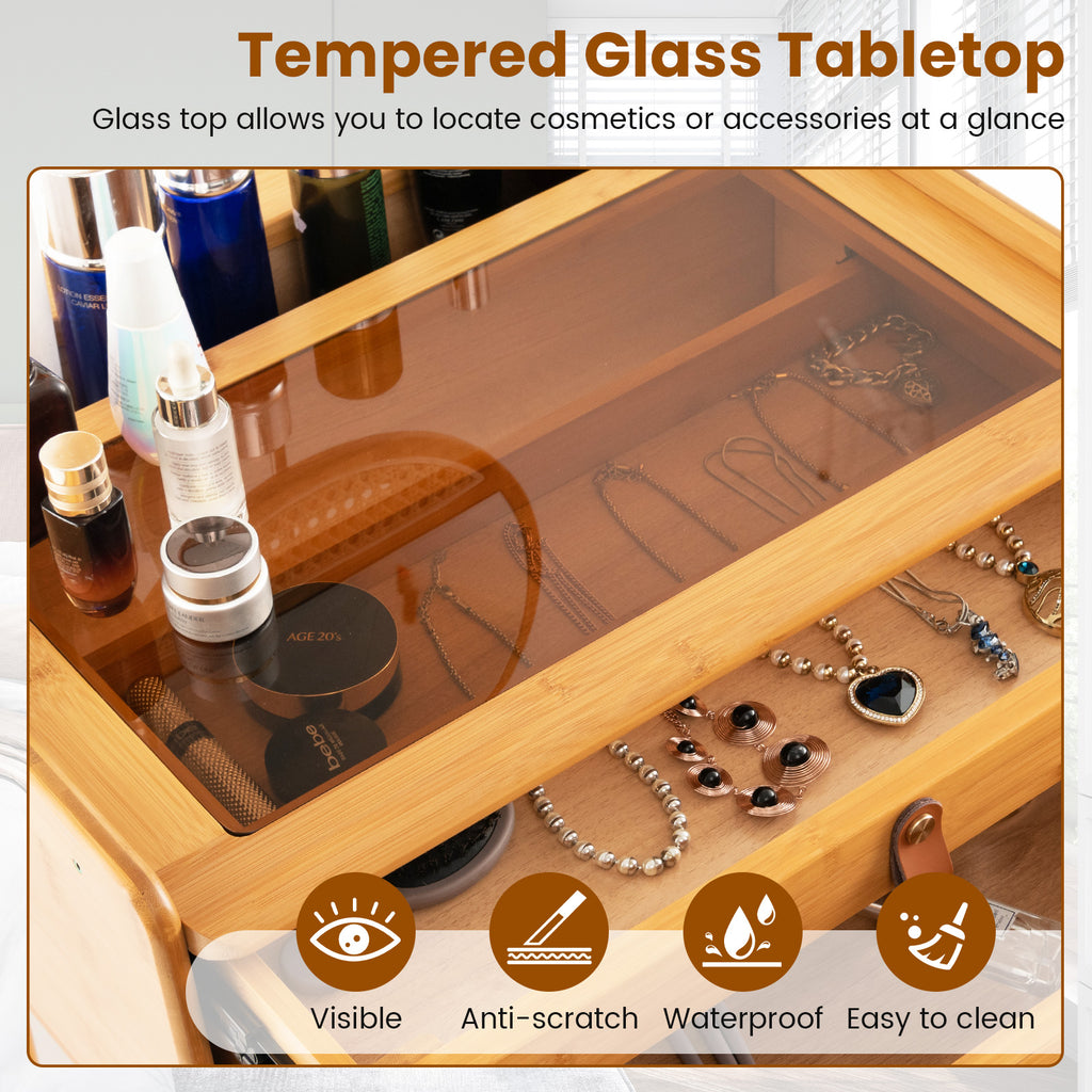 Bamboo Makeup Vanity Table with Mirror & 2 Drawers - Natural