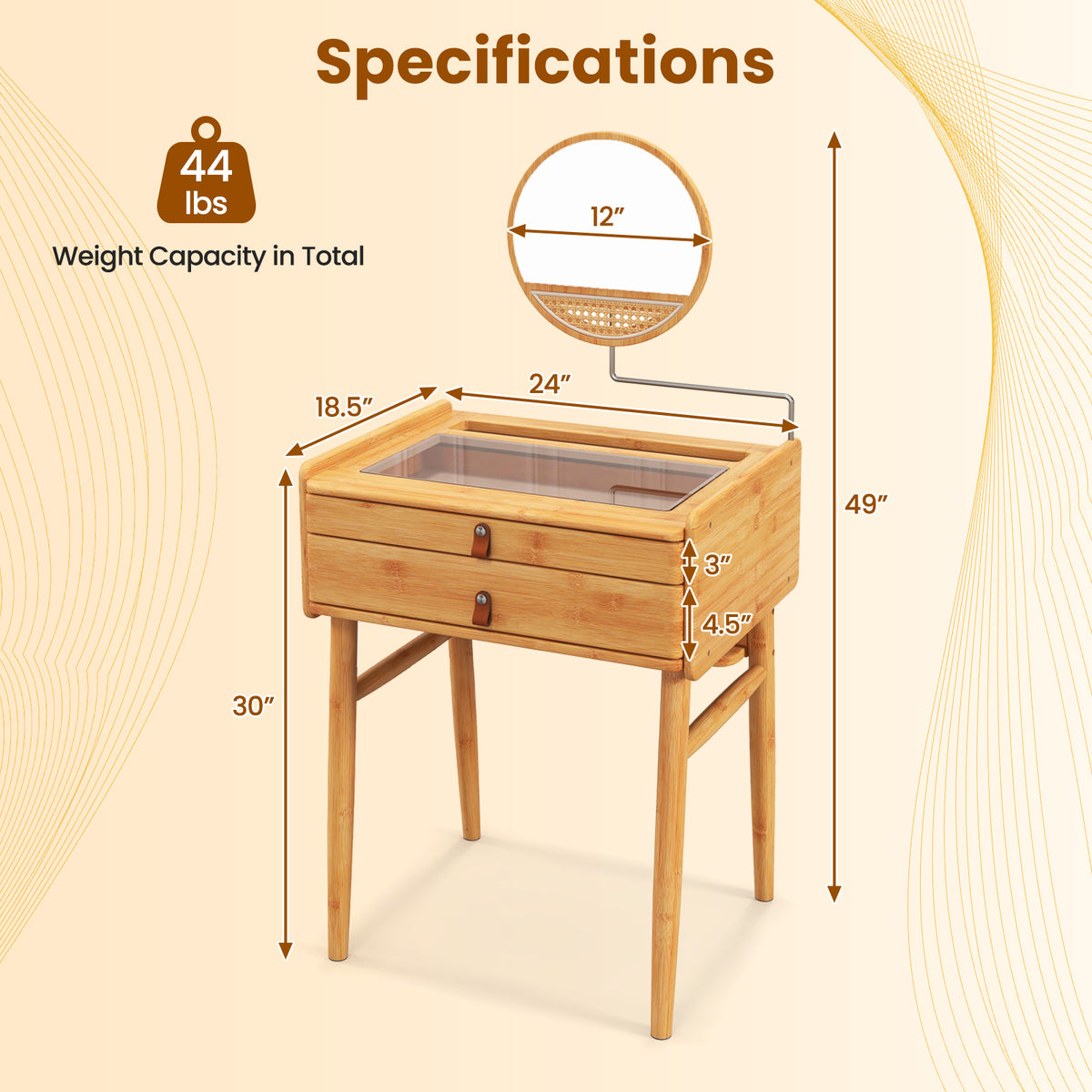 Bamboo Makeup Vanity Table with Mirror & Drawers - Natural