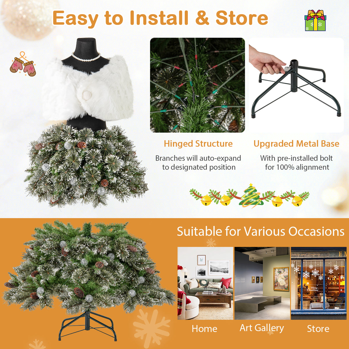 Artificial Christmas Tree with Necklace & Plush Shawl - 5 Ft Pre-lit Mannequin Xmas Tree with 465 Tips