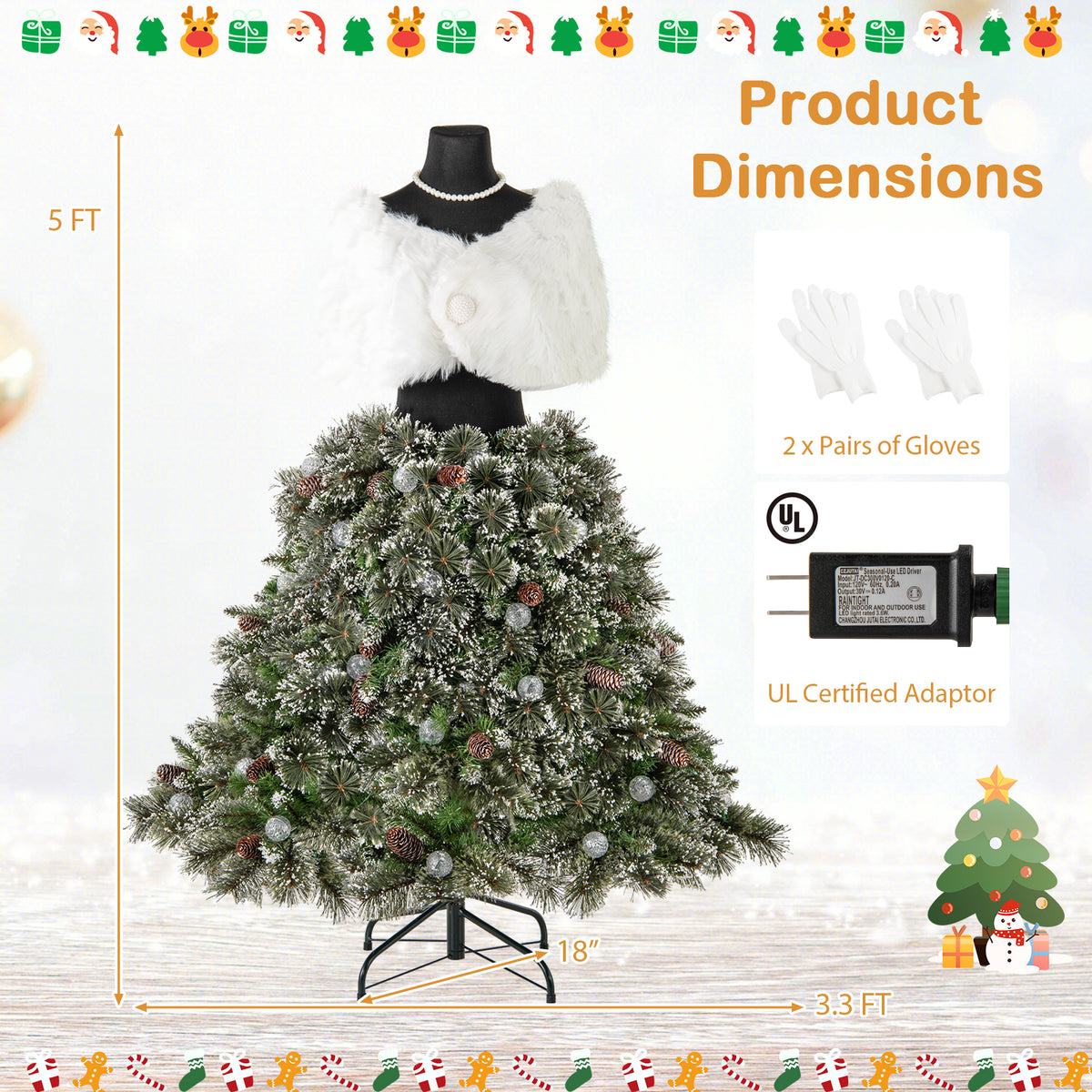 Artificial Christmas Tree with Necklace & Plush Shawl - 5 Ft Pre-lit Mannequin Xmas Tree with 465 Tips