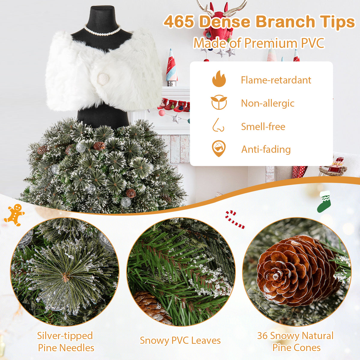 Artificial Christmas Tree with Necklace & Plush Shawl - 5 Ft Pre-lit Mannequin Xmas Tree with 465 Tips