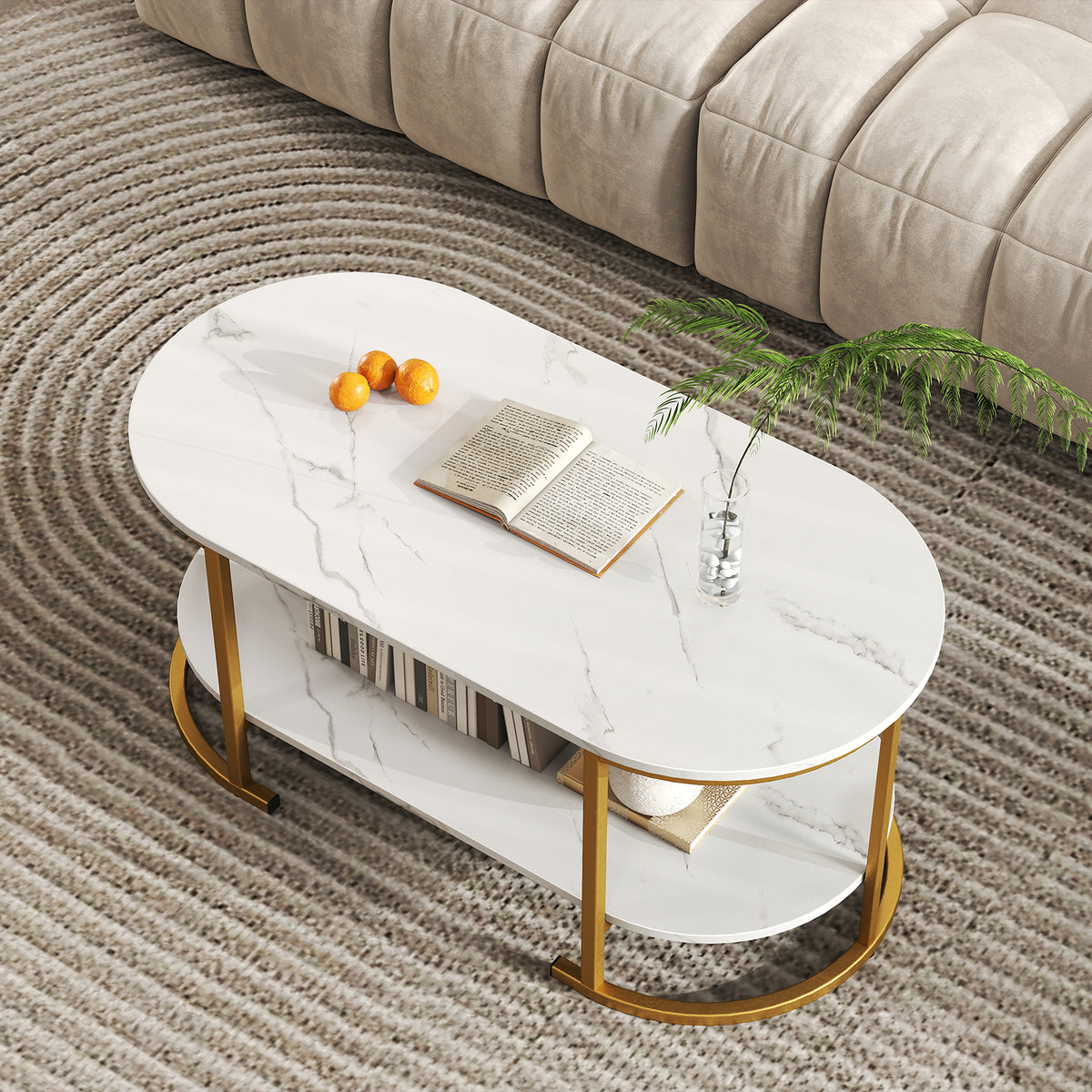 White Marble Coffee Table with Storage Shelf