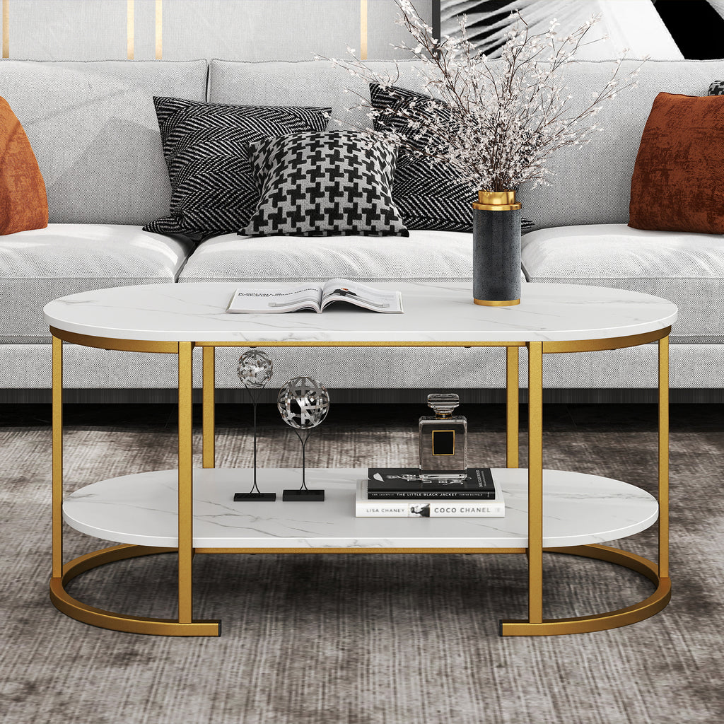 White Marble Coffee Table with Storage Shelf