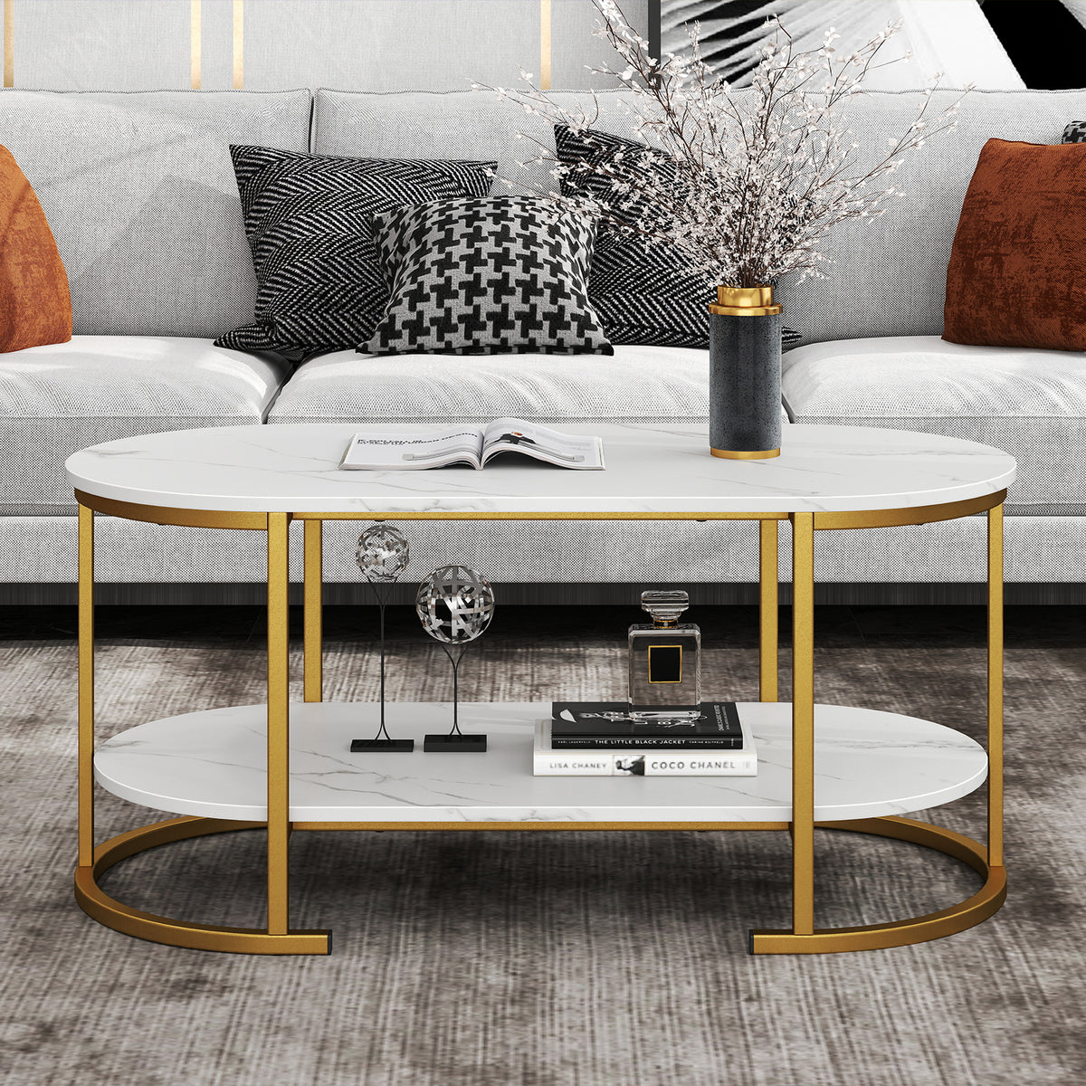 White Marble Coffee Table with Storage Shelf