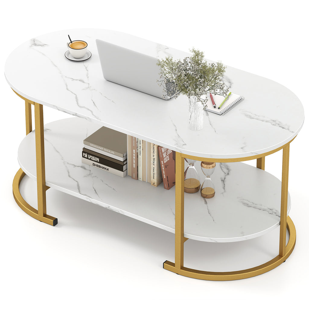 White Marble Coffee Table with Storage Shelf