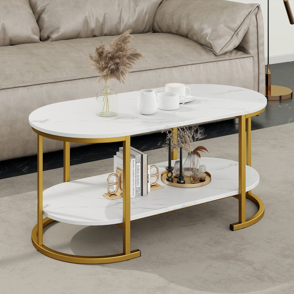 White Marble Coffee Table with Storage Shelf