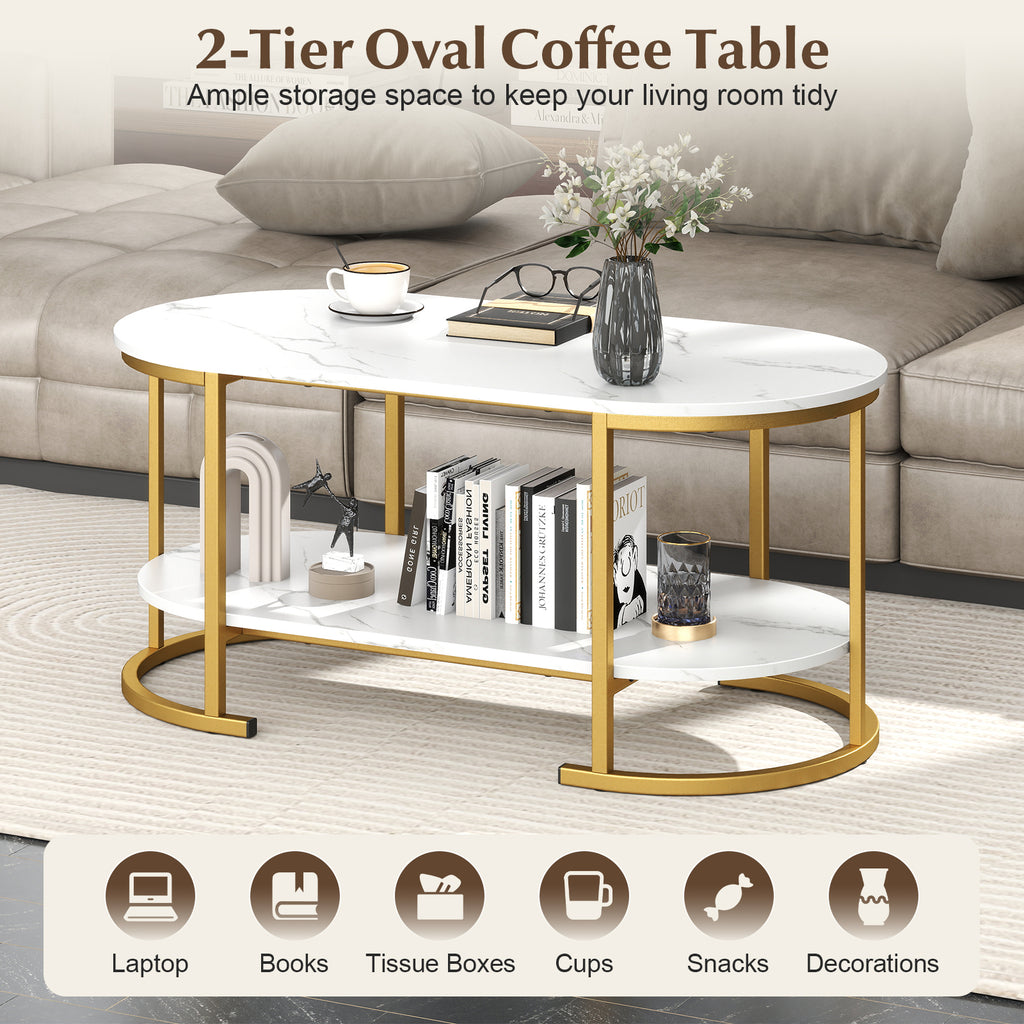 White Marble Coffee Table with Storage Shelf