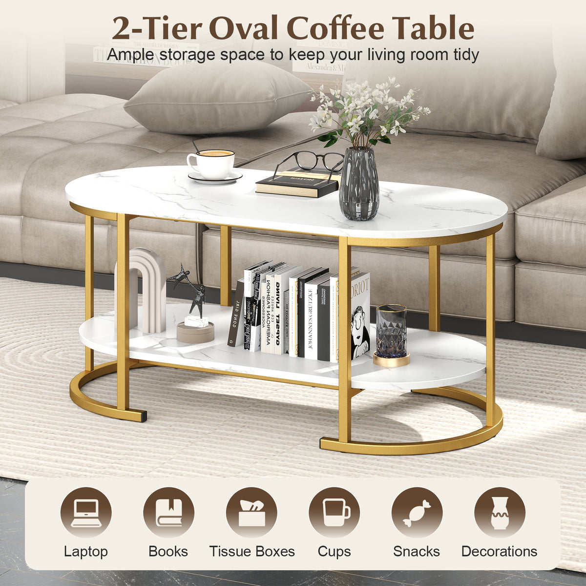 White Marble Coffee Table with Storage Shelf