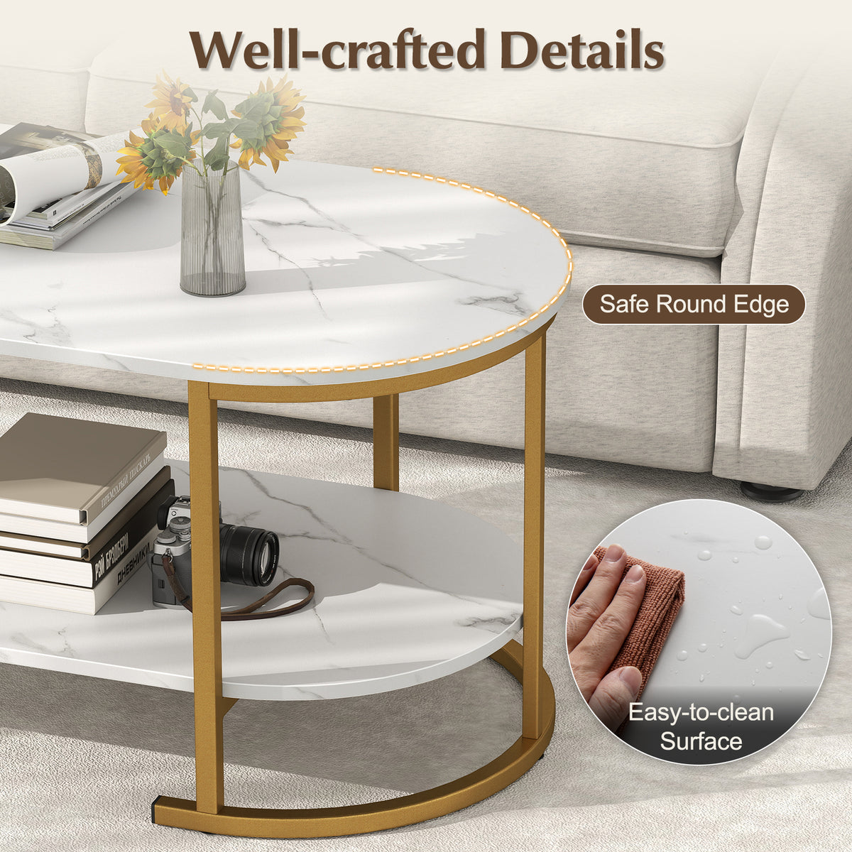 White Marble Coffee Table with Storage Shelf
