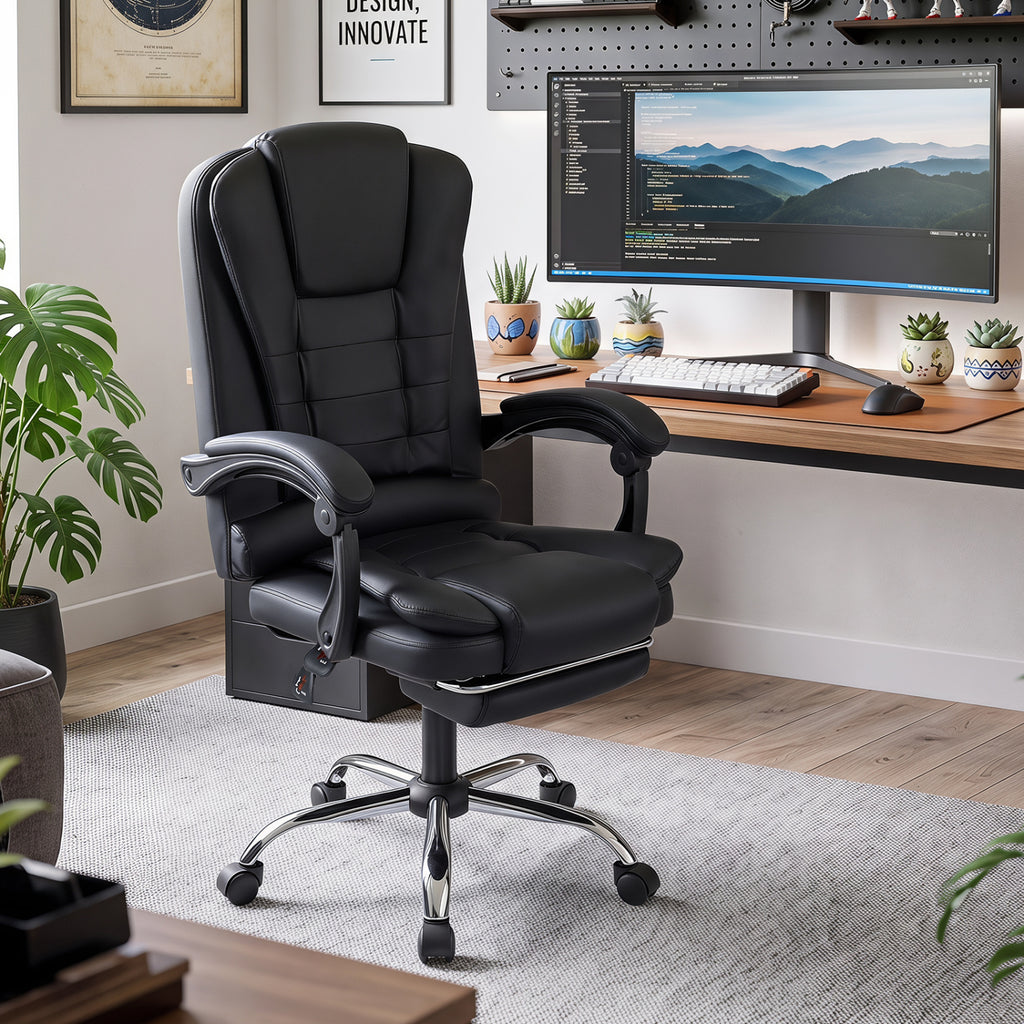 Massage Office Chair with Footrest & Reclining Backrest – Black