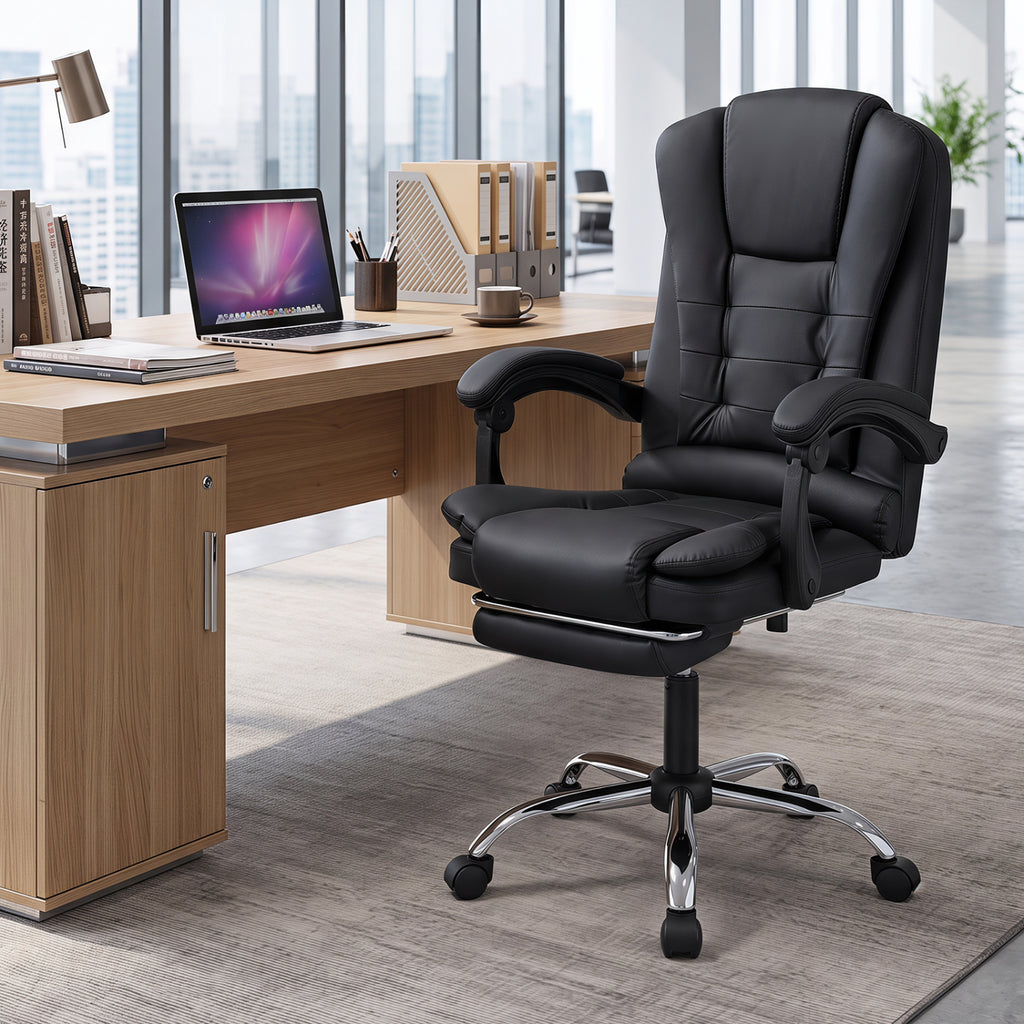 Massage Office Chair with Footrest & Reclining Backrest – Black