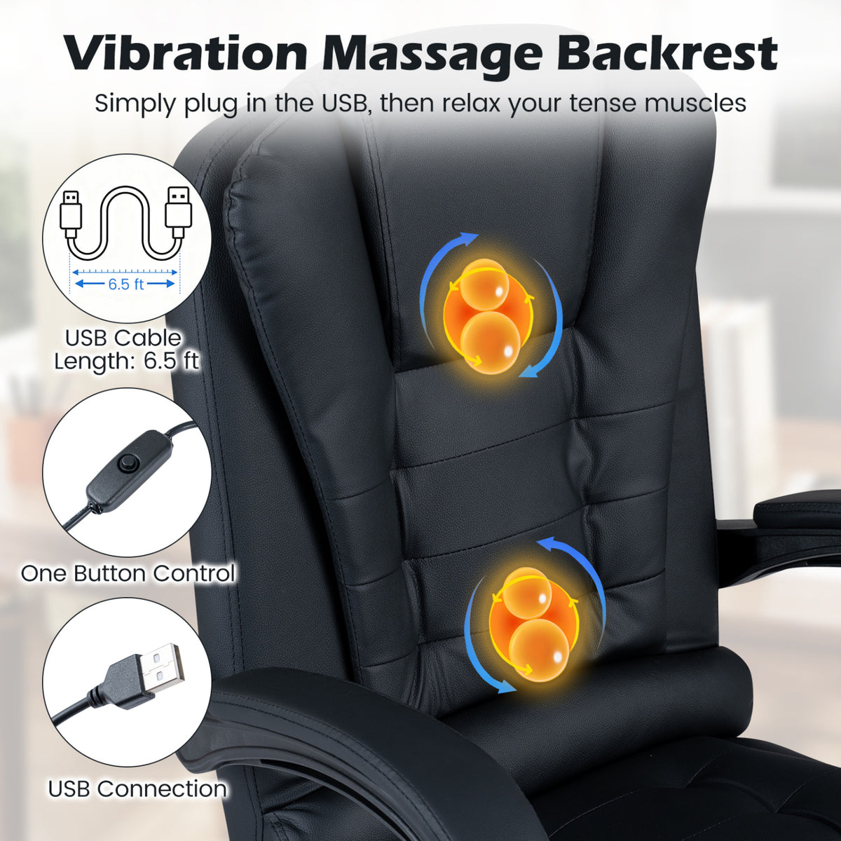 Massage Office Chair with Footrest & Reclining Backrest – Black