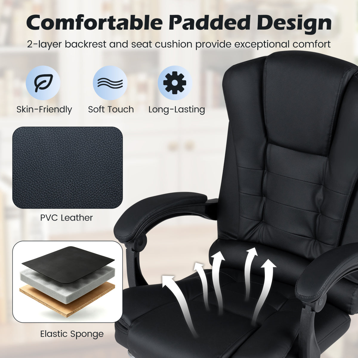 Massage Office Chair with Footrest & Reclining Backrest – Black