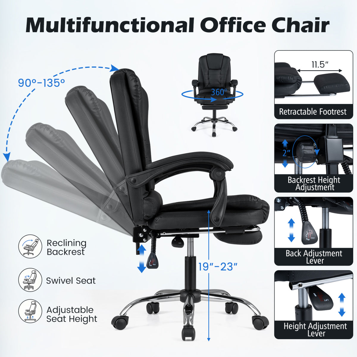Massage Office Chair with Footrest & Reclining Backrest – Black