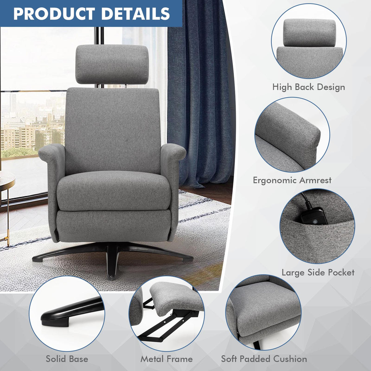 Gray Swivel Massage Recliner with Adjustable Headrest