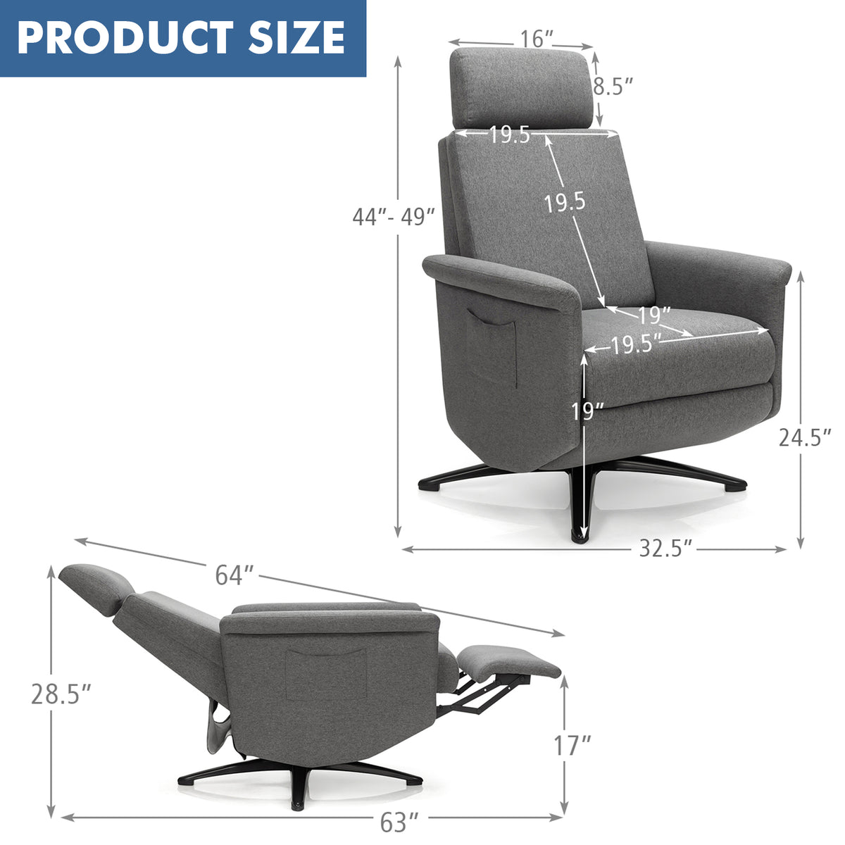 Gray Swivel Massage Recliner with Adjustable Headrest