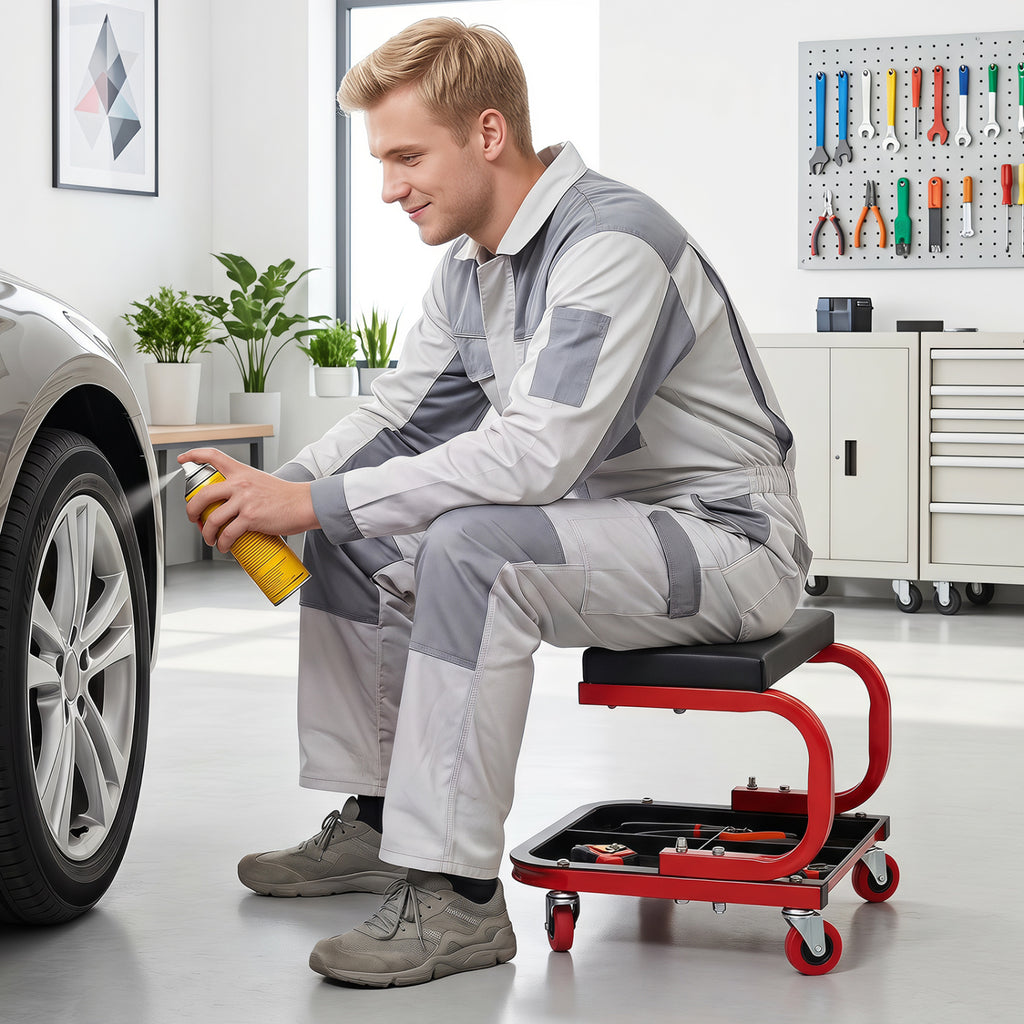 Mechanic Rolling Stool with Tool Trays and Magnetic Drawer for Garage
