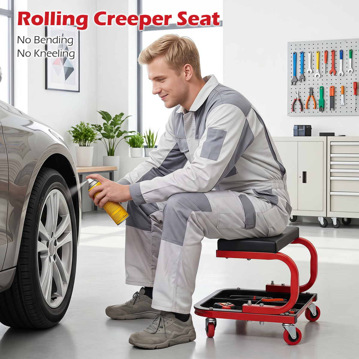 Mechanic Rolling Stool with Tool Trays and Magnetic Drawer for Garage