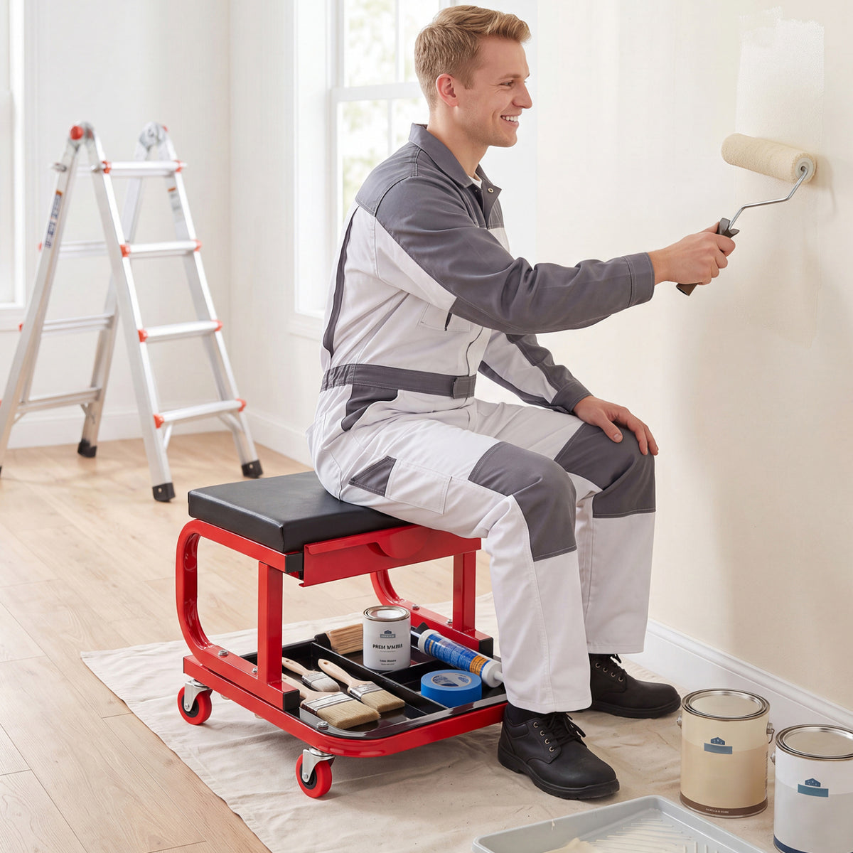 Mechanic Rolling Stool with Tool Trays and Magnetic Drawer for Garage