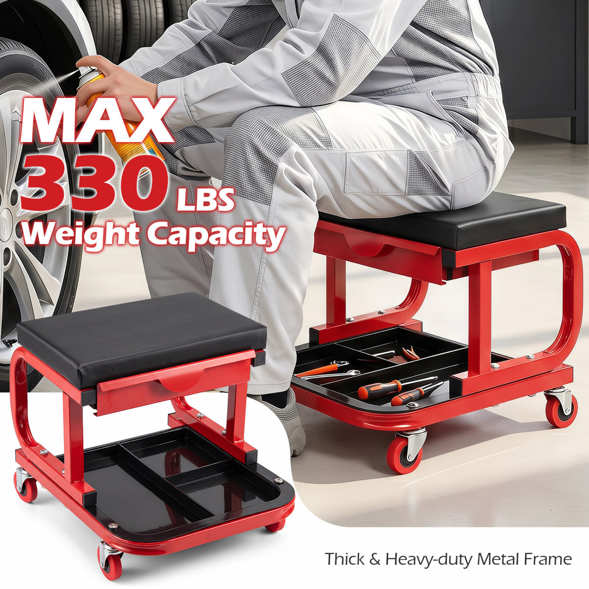 Mechanic Rolling Stool with Tool Trays and Magnetic Drawer for Garage