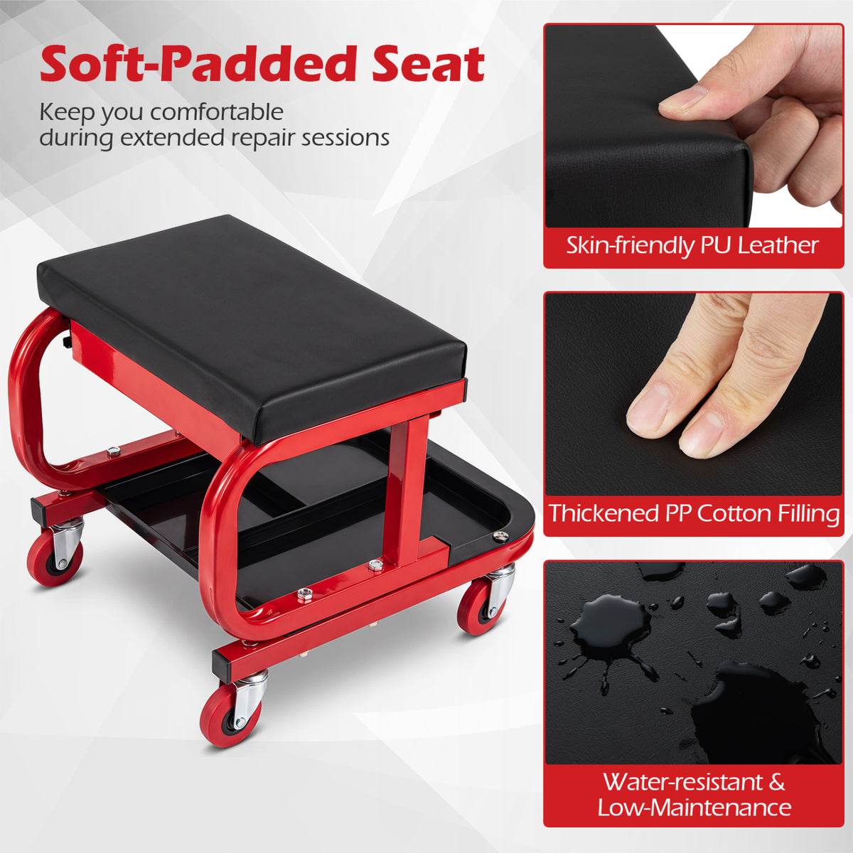 Mechanic Rolling Stool with Tool Trays and Magnetic Drawer for Garage