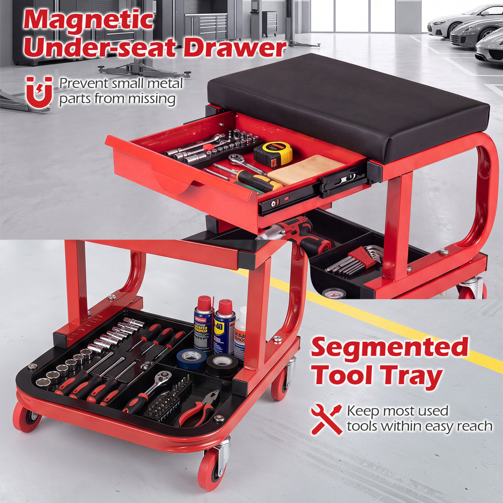 Mechanic Rolling Stool with Tool Trays and Magnetic Drawer for Garage