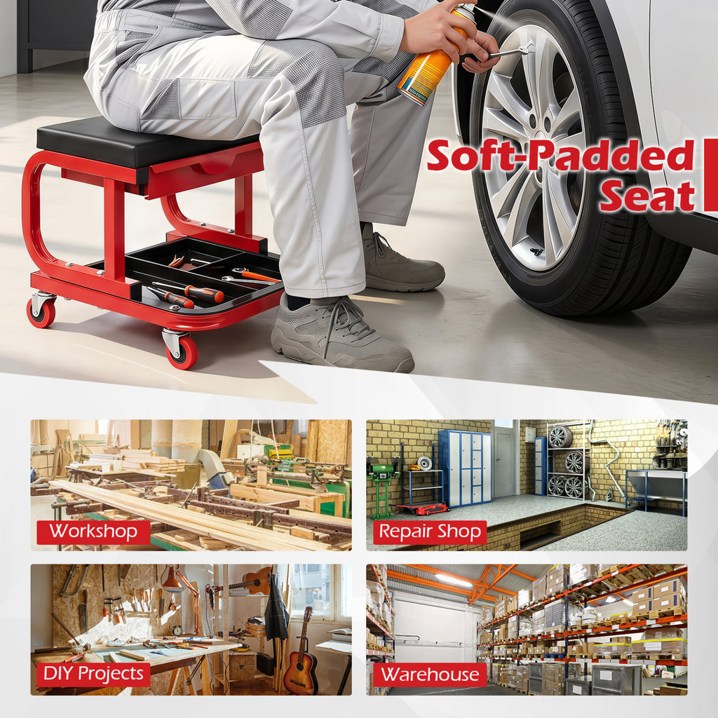 Mechanic Rolling Stool with Tool Trays and Magnetic Drawer for Garage