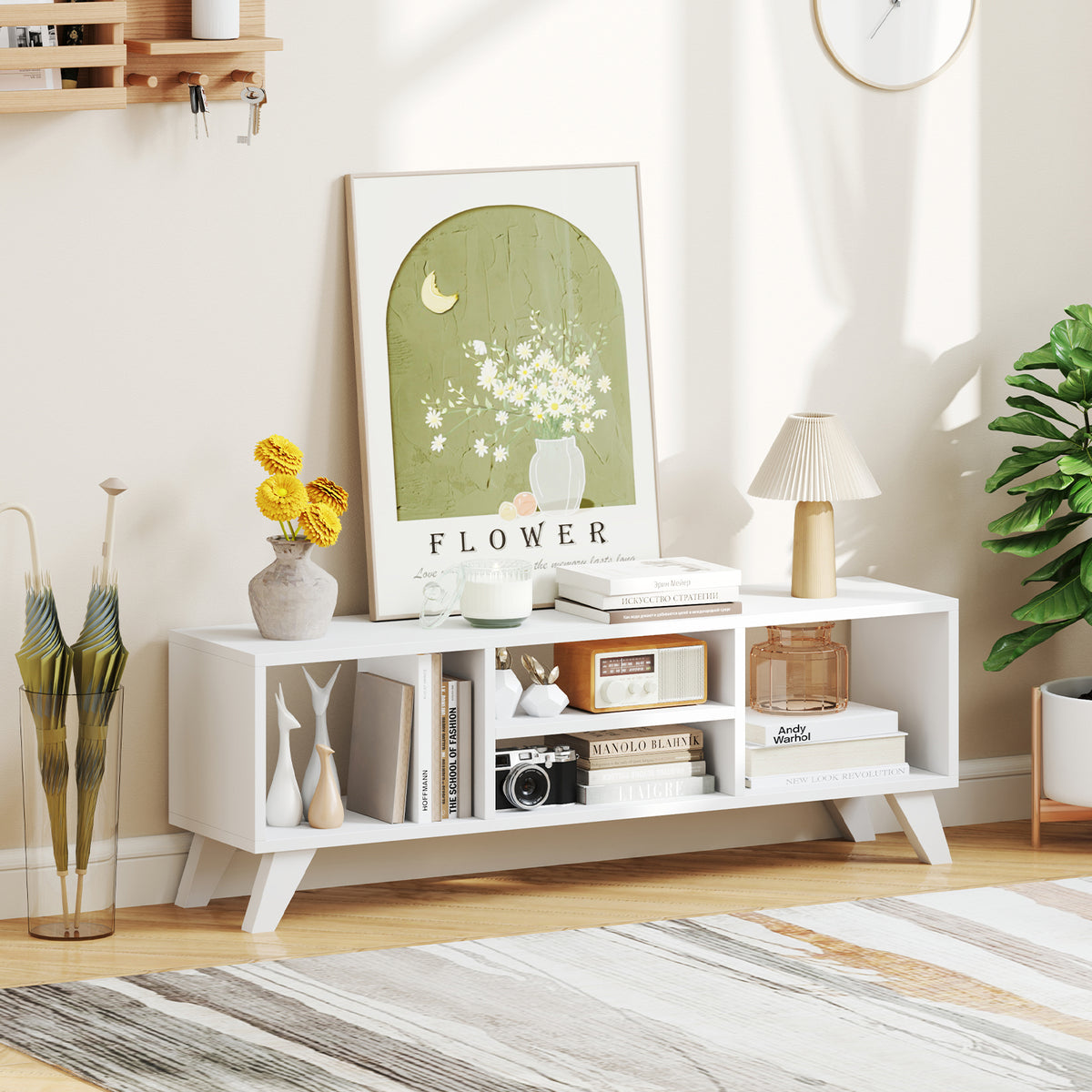 White TV Console Table with Storage Compartments