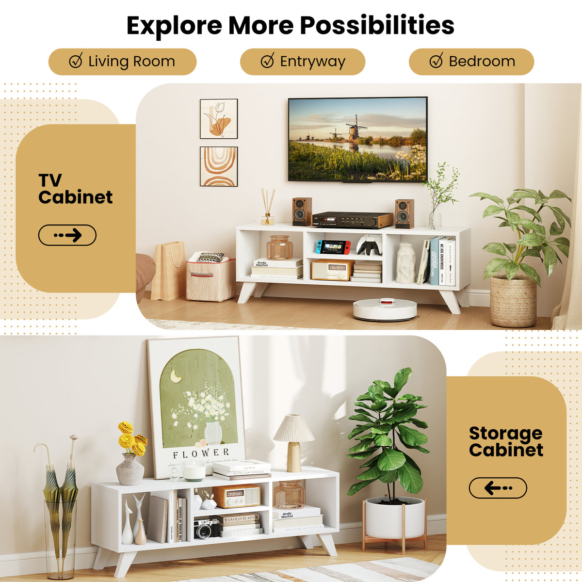 White TV Console Table with Storage Compartments