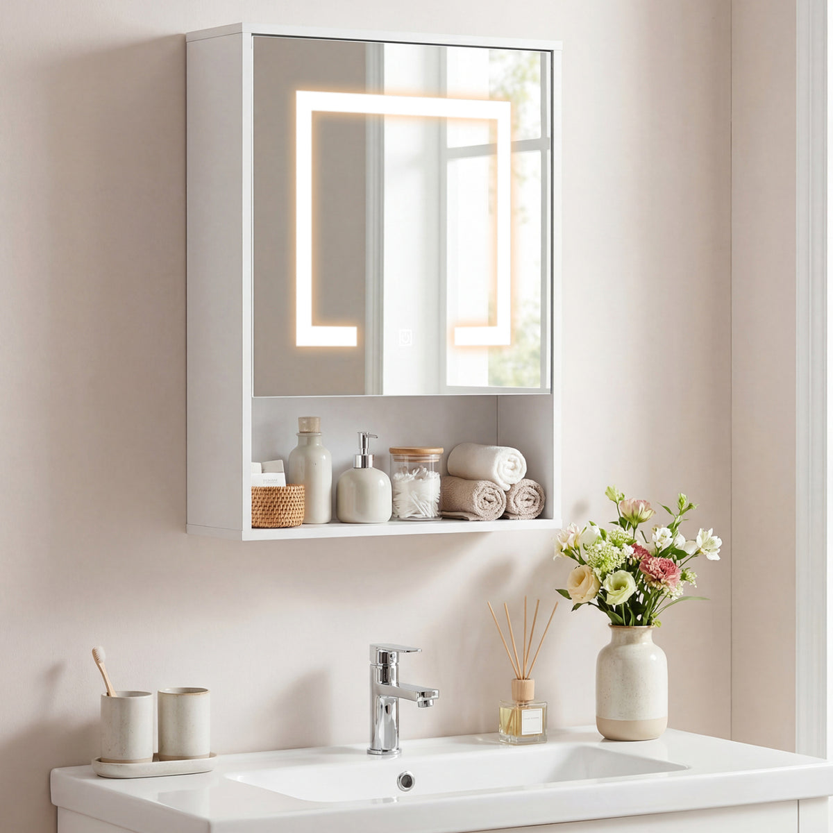 Medicine Cabinet with Mirror and 3 Color LED Lights Recessed or Wall