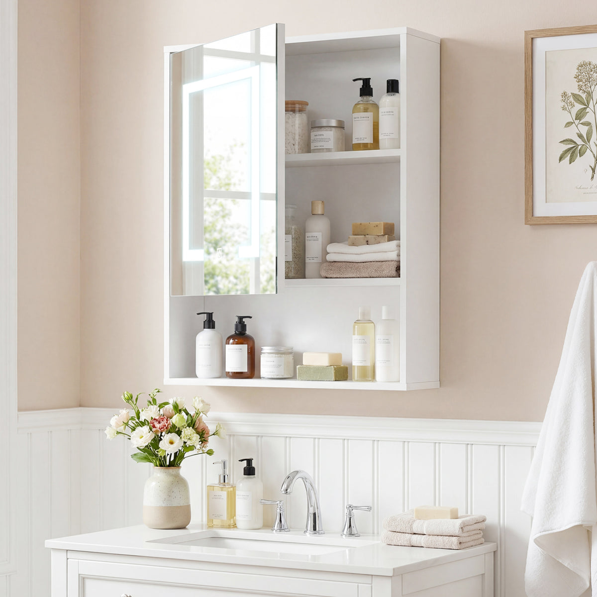 Medicine Cabinet with Mirror and 3 Color LED Lights Recessed or Wall